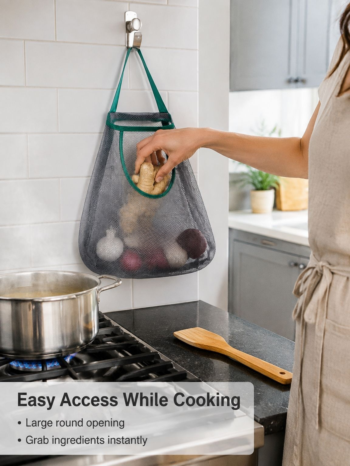 Durable hanging garlic and ginger storage pouch for home kitchen