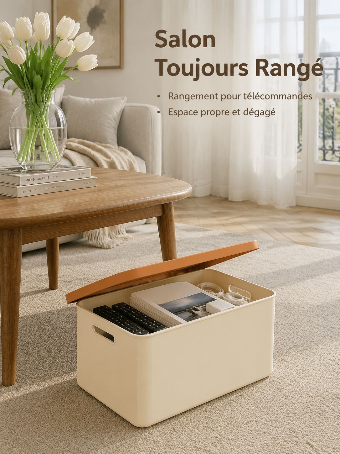 Vue rapprochée de la boîte de rangement avec couvercle en usage