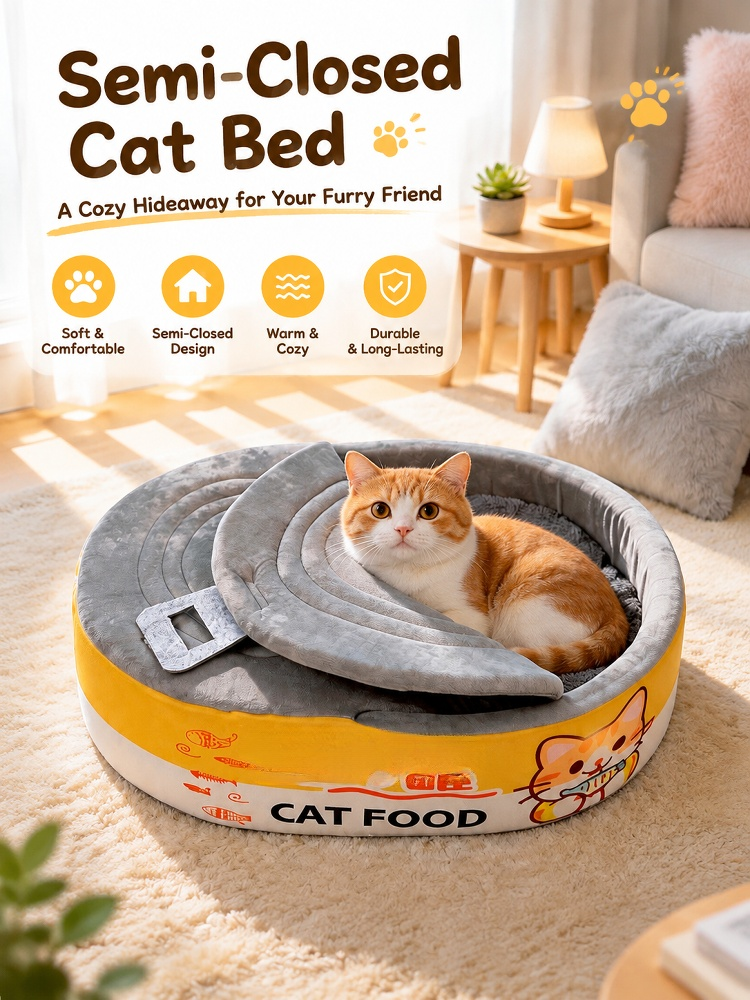 Semi-enclosed cat bed with a flip-top design