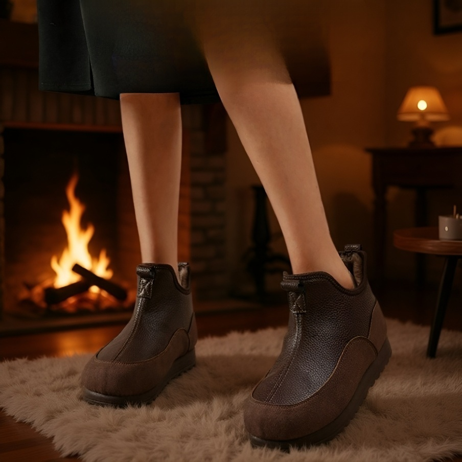 滑り止め、暖かい、柔らかいレザー、フリース裏地のスノーブーツ