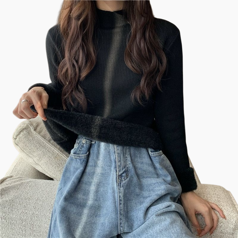 中わた入り厚手ニットレディース長袖ワンピースフリーストップス秋冬ボトムスシャツハーフハイネックニットソー