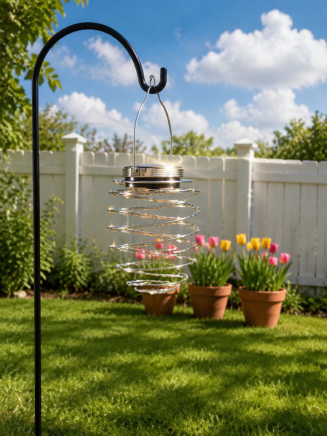 Solar powered wrought iron pineapple lamp in garden setting