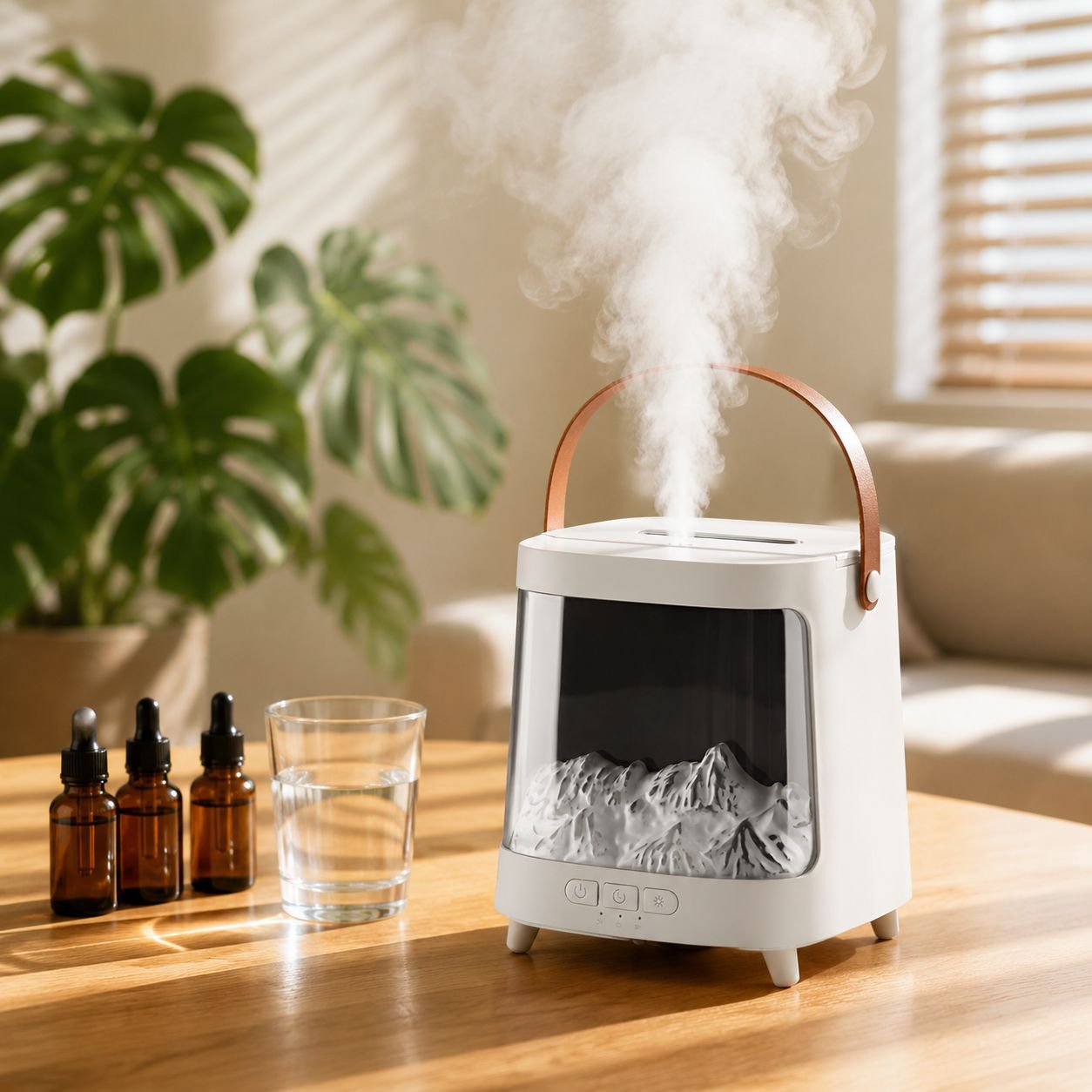 Silent humidifier releasing mist in home setting