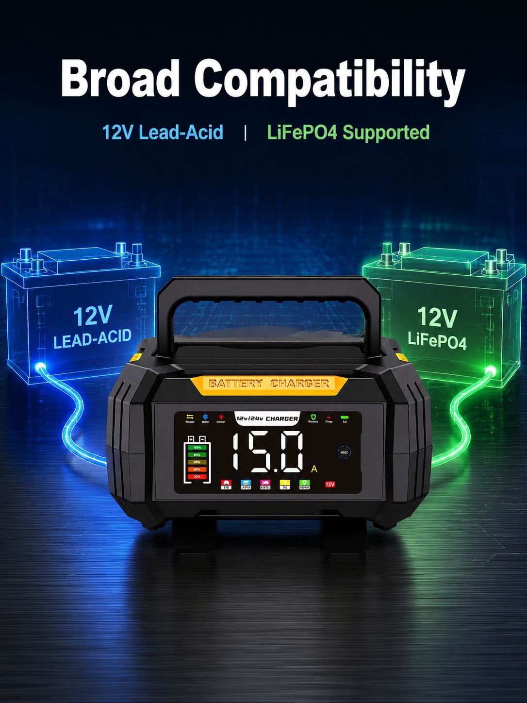 New portable 12V lead-acid/lithium iron phosphate universal car battery charger with concealed cable