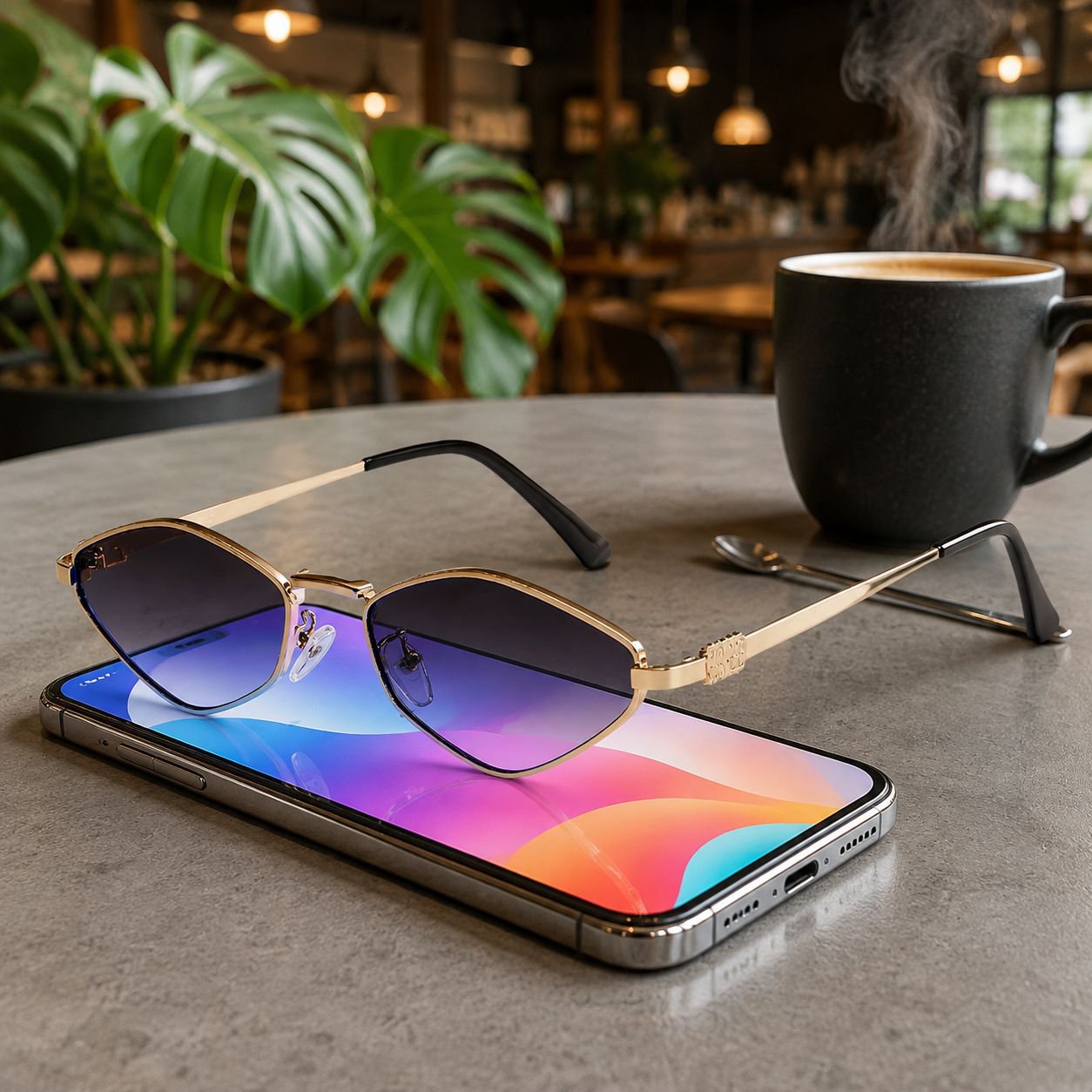Detail of lightweight metal arms on polygonal sunglasses