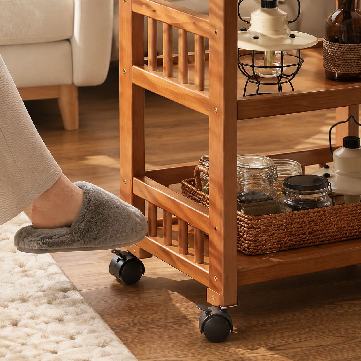 Household movable storage rack trolley living room simple sofa side table snack rack solid wood tea 