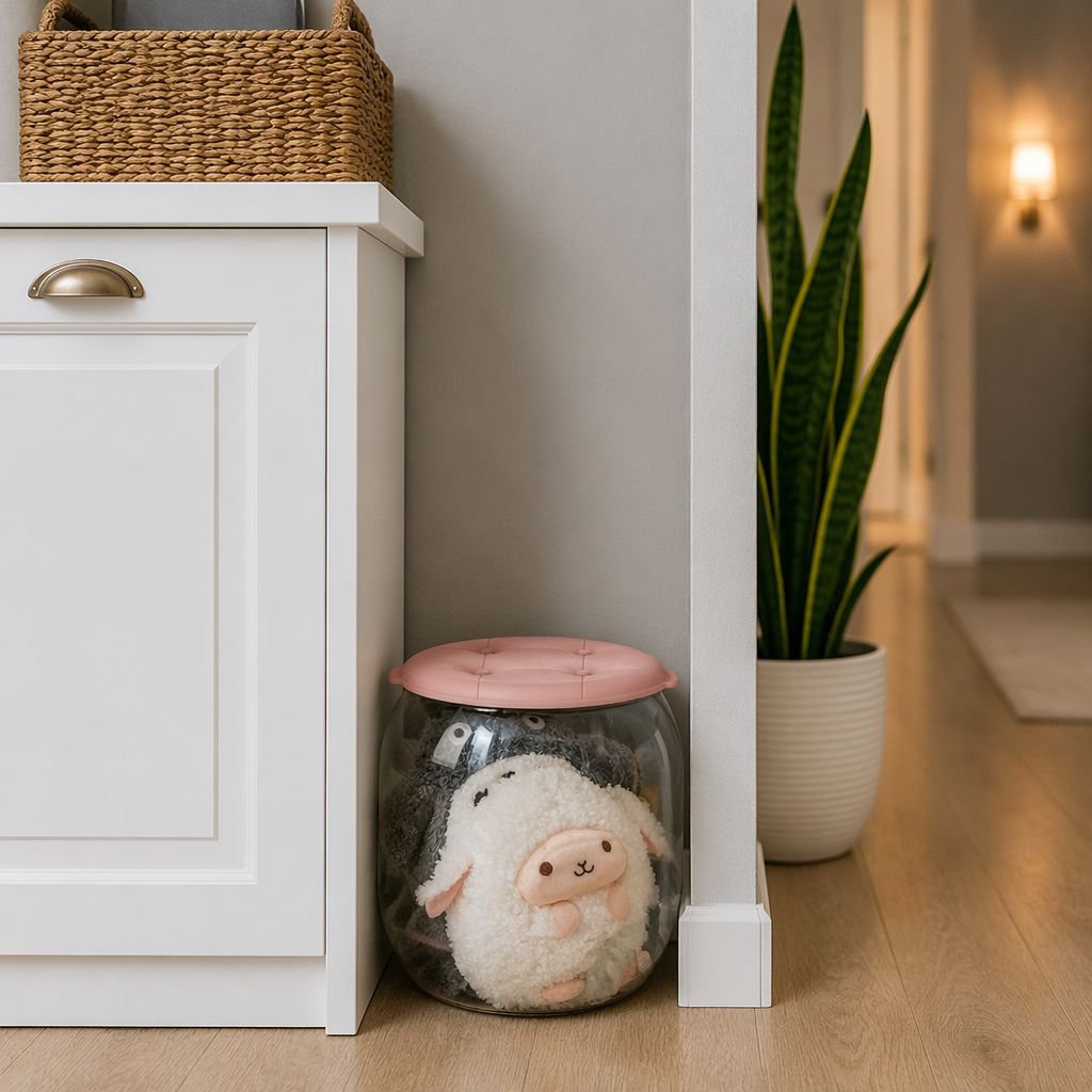Kids using plush storage box as stool