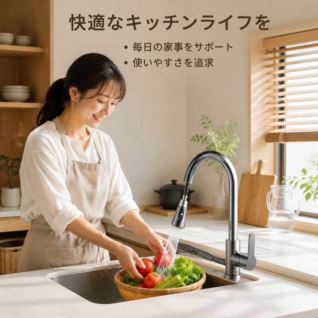 キッチン用引き出し式水栓、温水・冷水兼用、飛沫防止機能付き