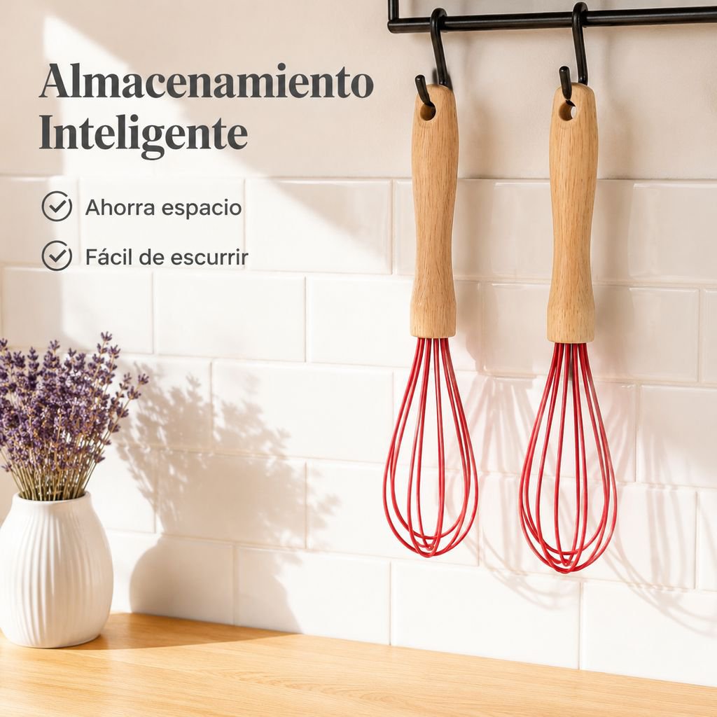 Batidor de huevos manual de silicona con mango de madera