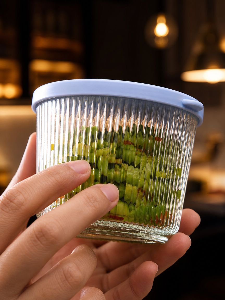 Easy-to-clean round glass food container with lid