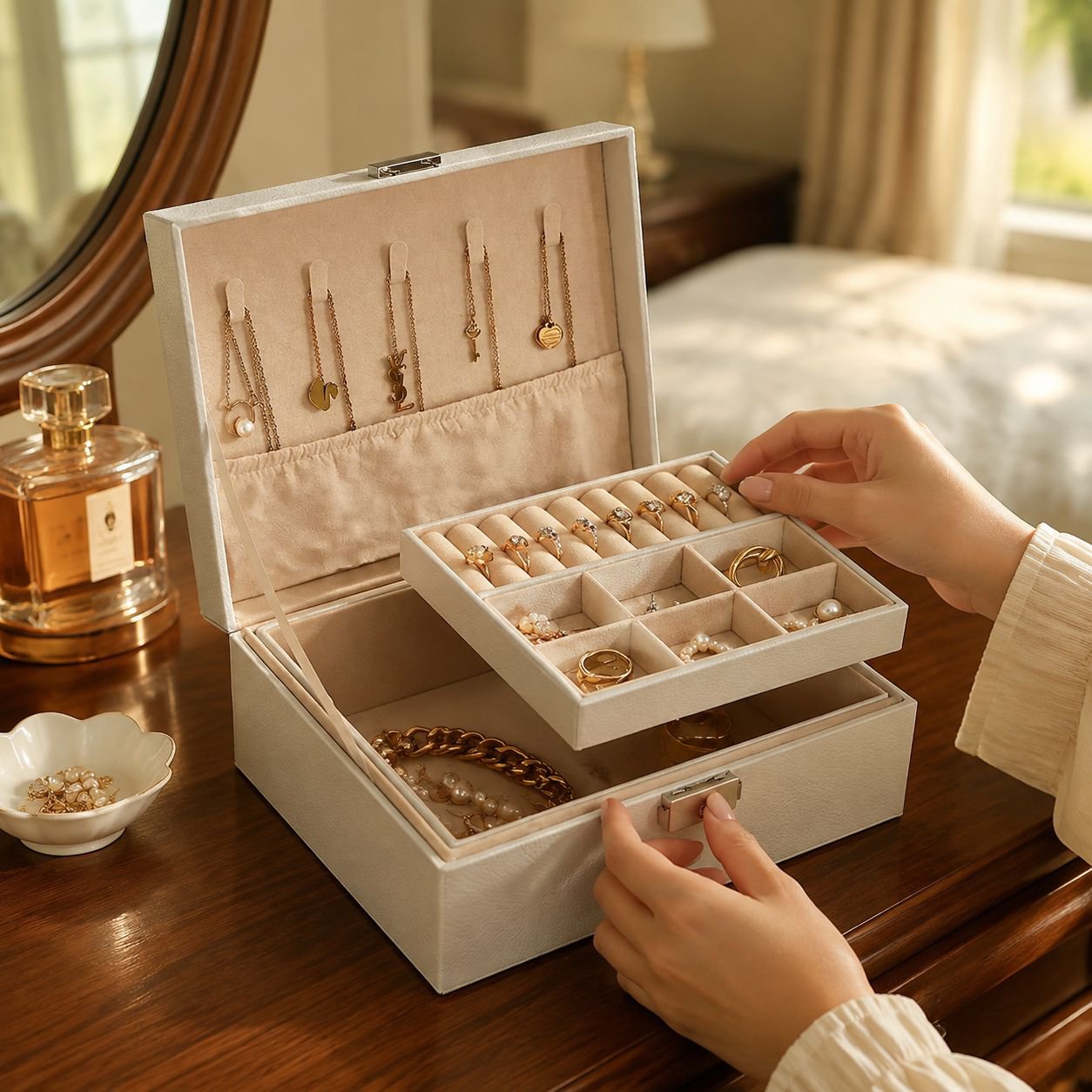 Double-layer leather jewelry storage box with lock for earrings and rings