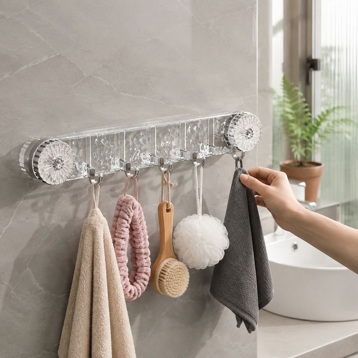 Ripple suction hooks organizing bathroom accessories