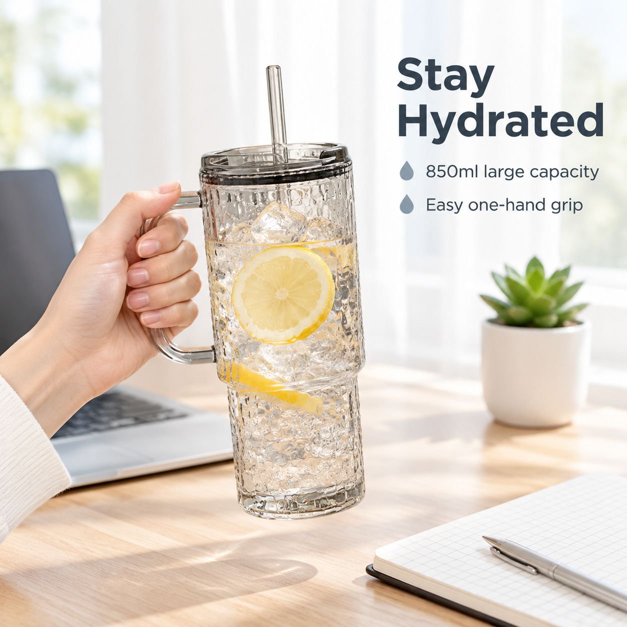 Large Glass Cup with Straw and Handle