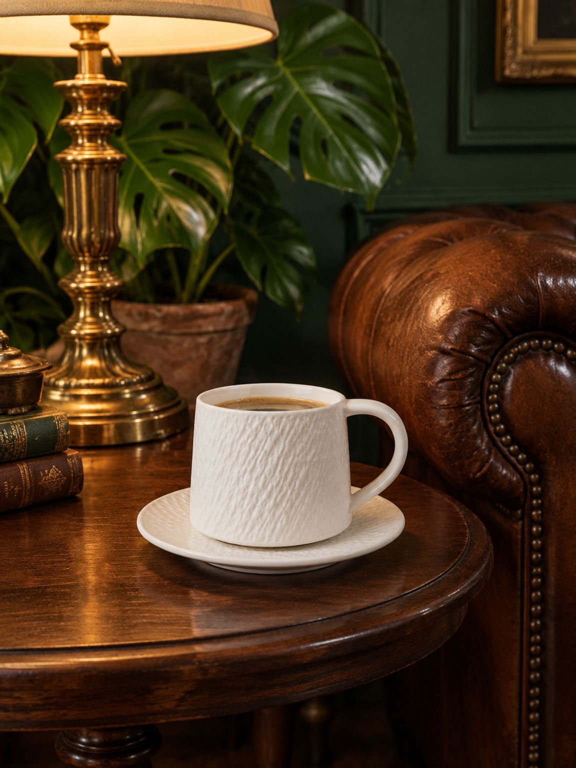 Premium stoneware cup and saucer set in a styled kitchen setting