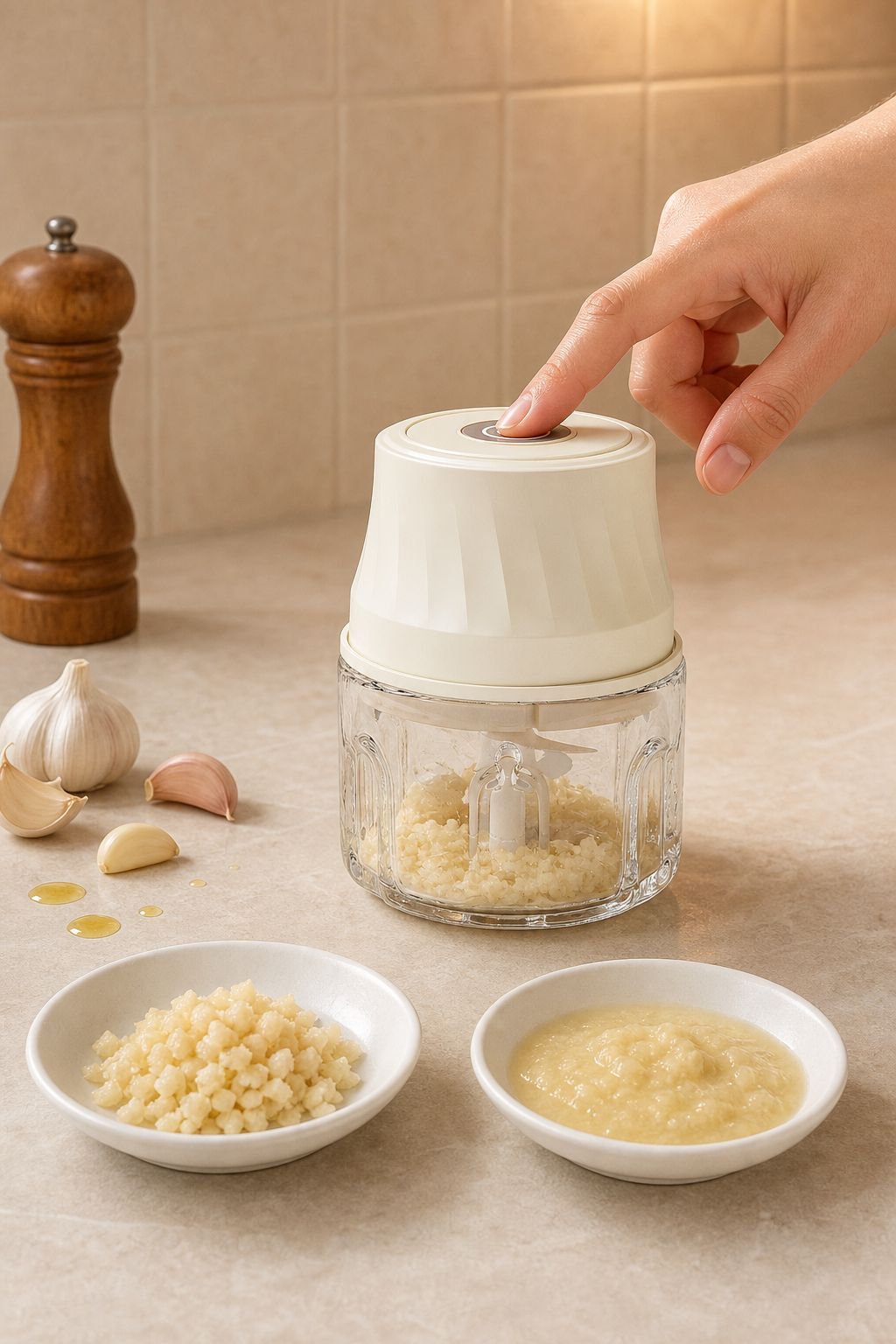Small cooking machine grinding garlic and meat