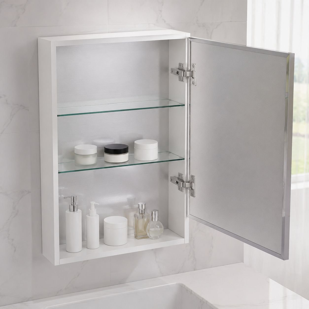 Close-up of durable aluminum mirror cabinet for bathroom storage