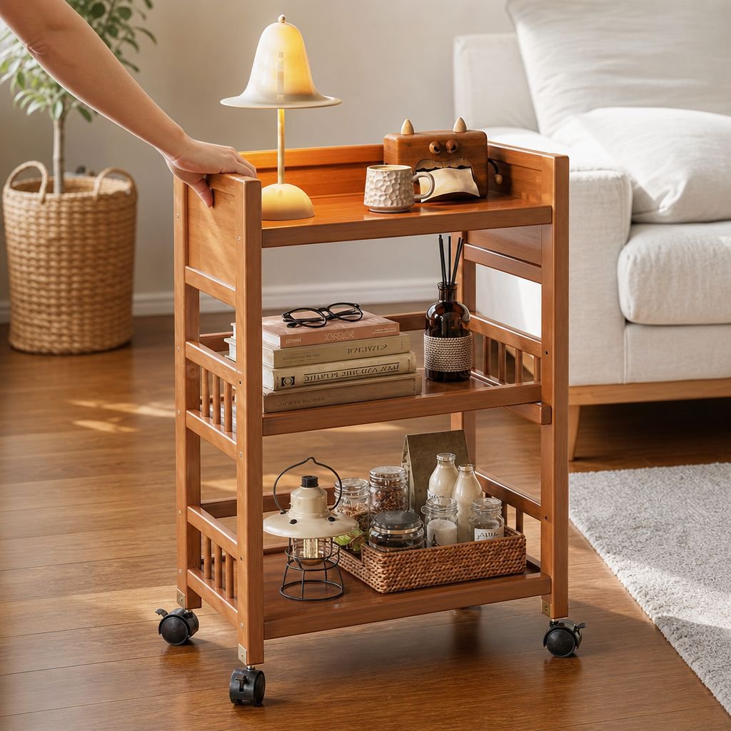 Solid wood trolley as sofa side table