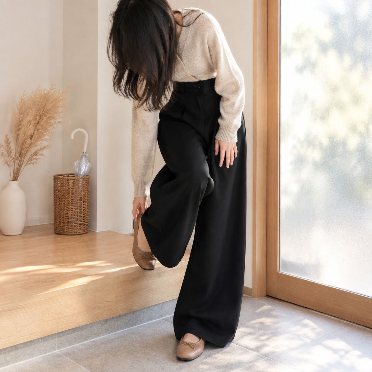 オフィスにも最適なハイウエストワイドパンツ