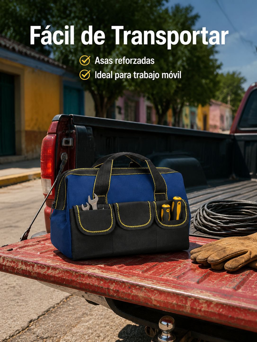 Detalle de la costura resistente en bolsa de herramientas