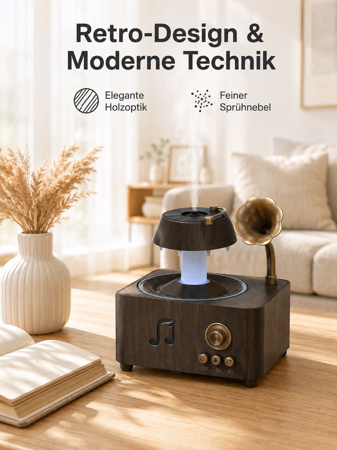 Kabelloser leiser Aromadiffusor im Retro-Design mit Fernbedienung und 7-farbigem Ambientelicht