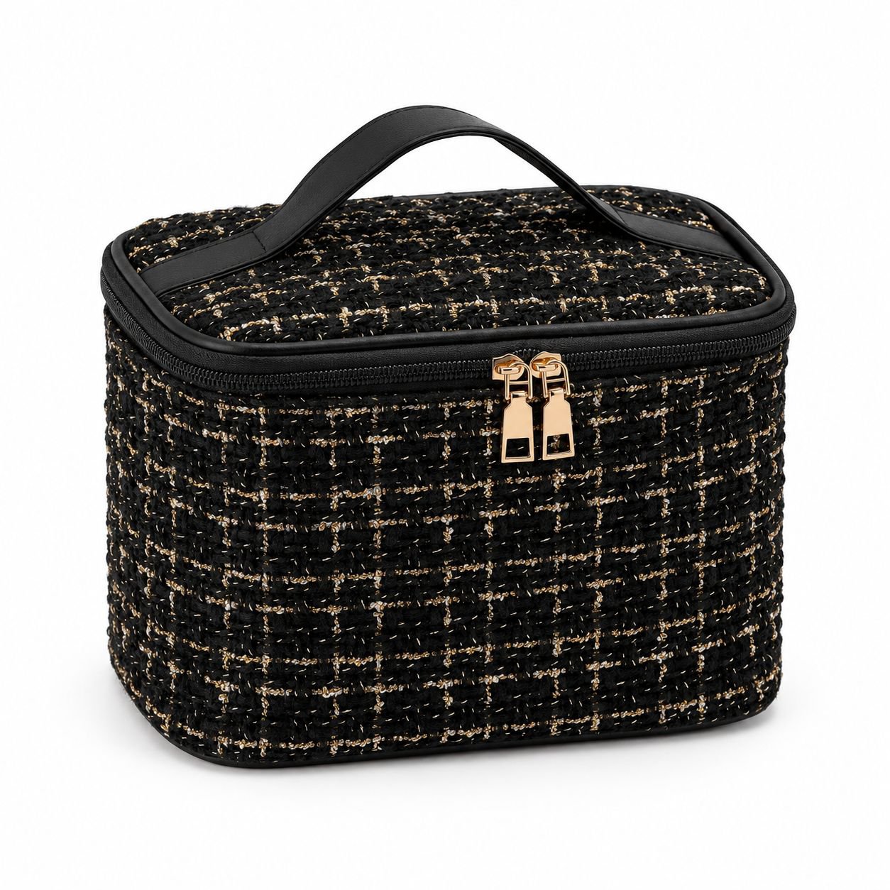 Stylish travel handbag for cosmetics on a vanity table