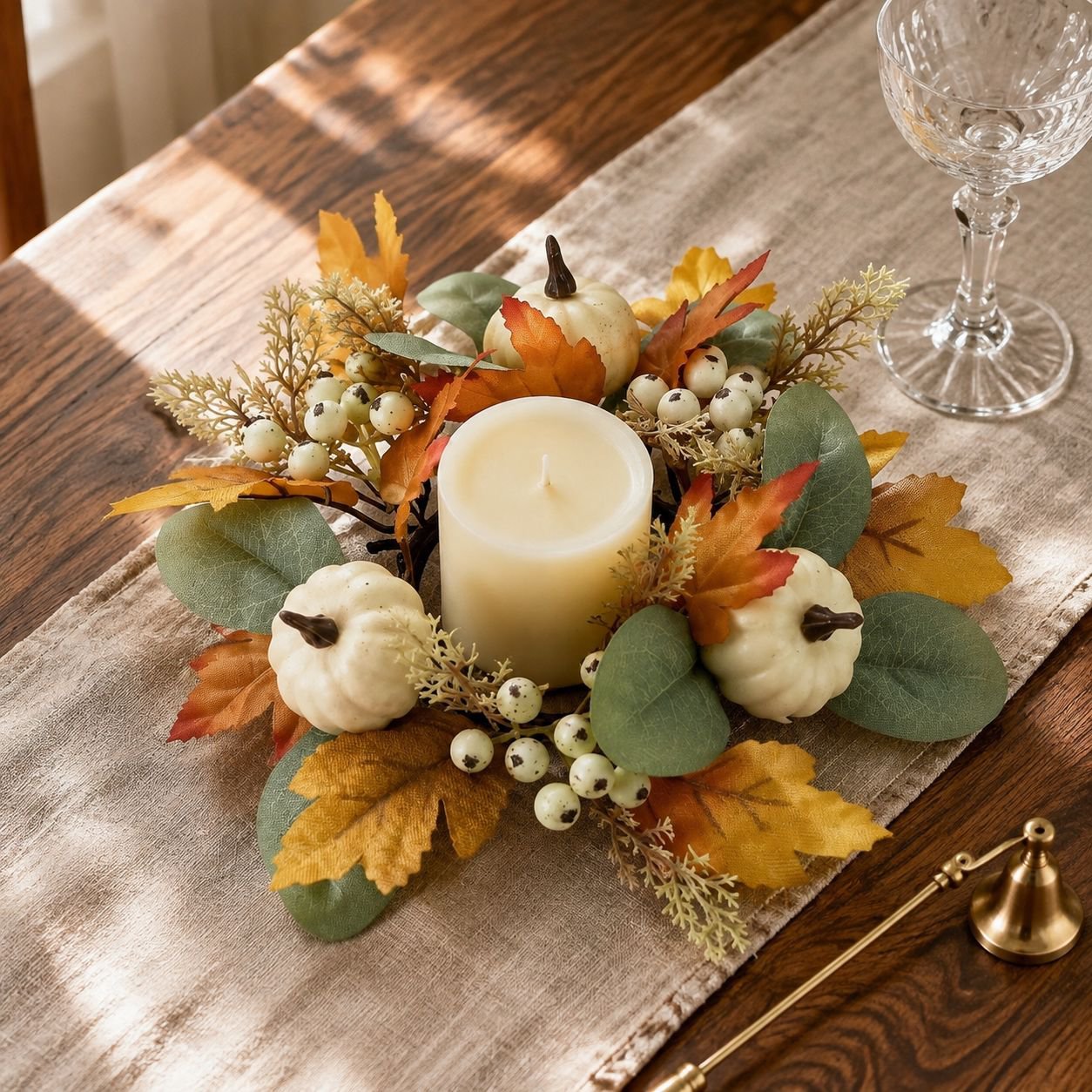 Artificial floral wreath with red berries and maple leaves, suitable for dining room and living room