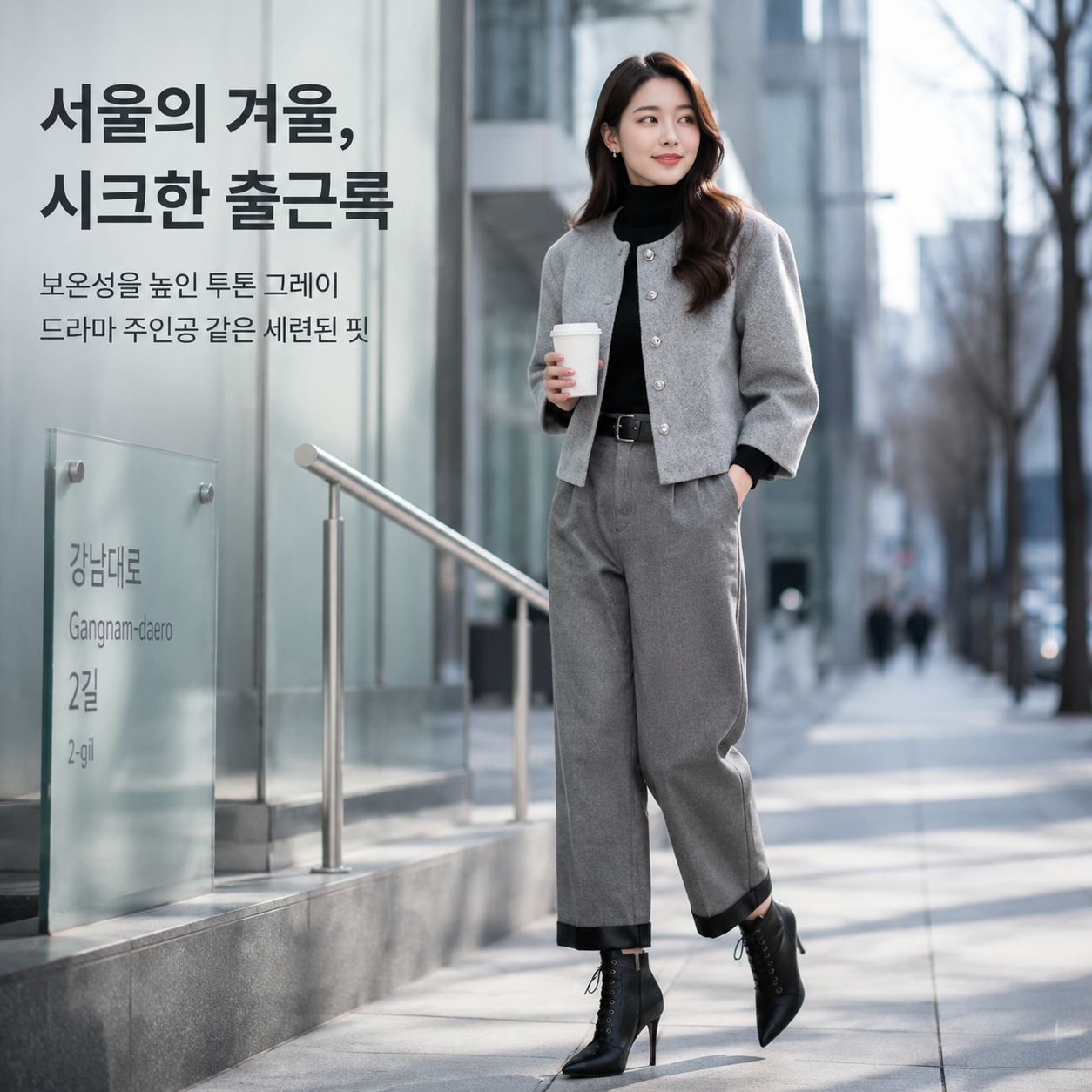 울 숏 자켓 와이드 팬츠 캐주얼 패션 세트