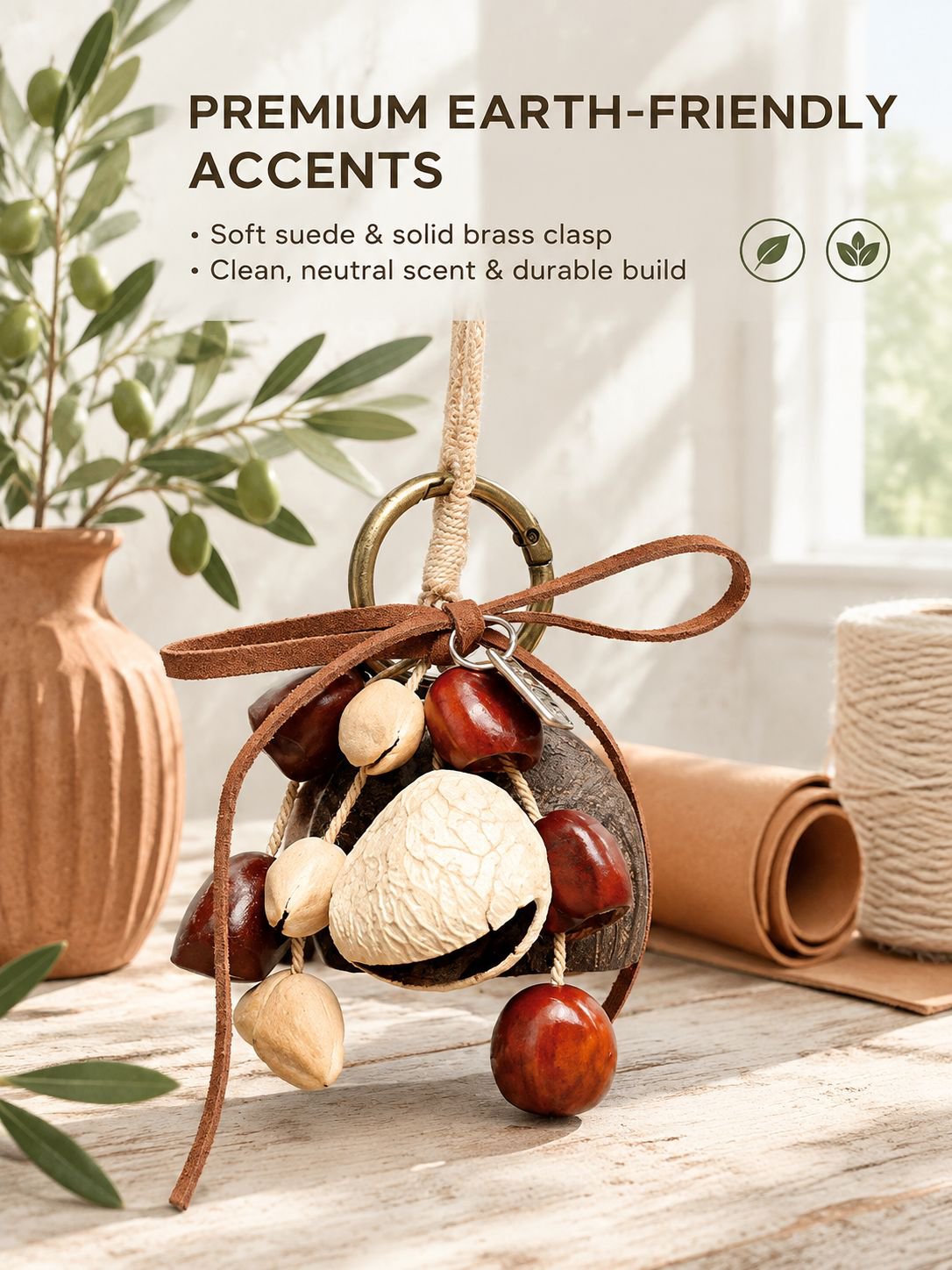 DIY nut shell wind chime kit parts arranged for crafting