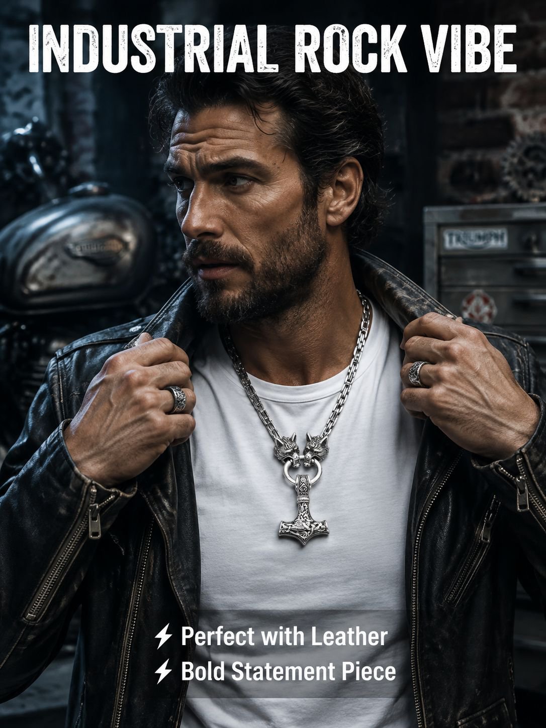 1pc Men's Vintage Nordic Viking Wolf Head Steel Chain And Hammer Pendant Necklace