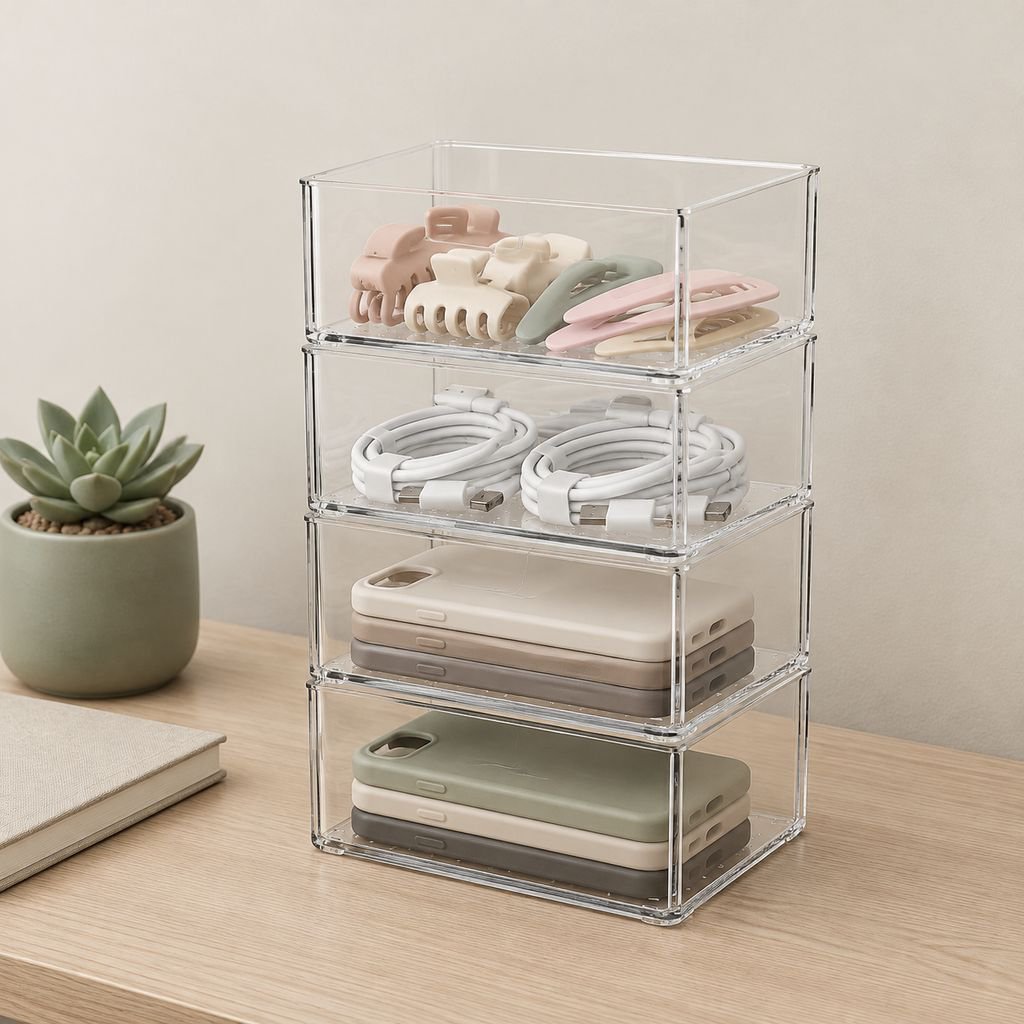 Caja apilable transparente de acrílico para fundas de móvil
