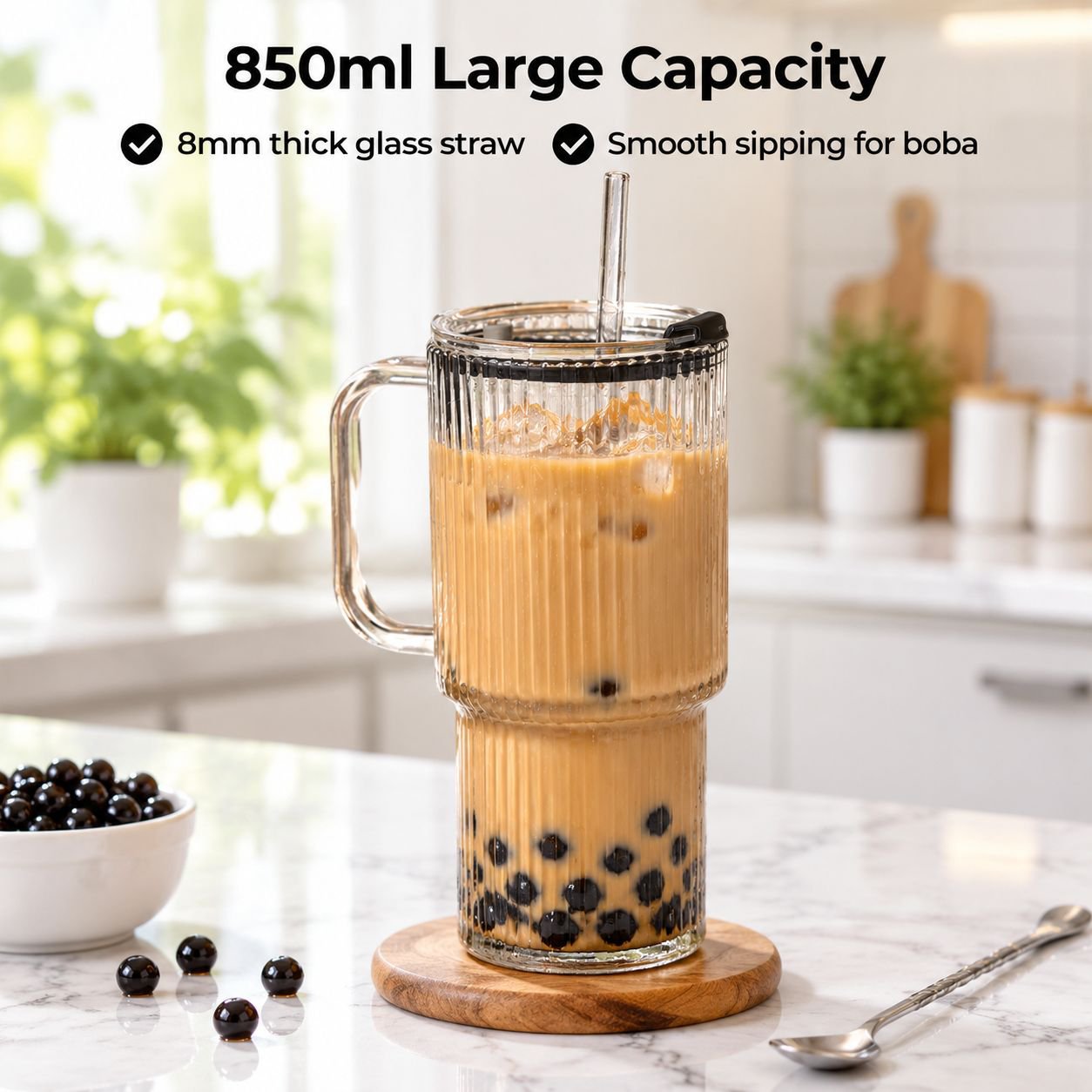 Portable Large Glass Cup with Straw and Handle