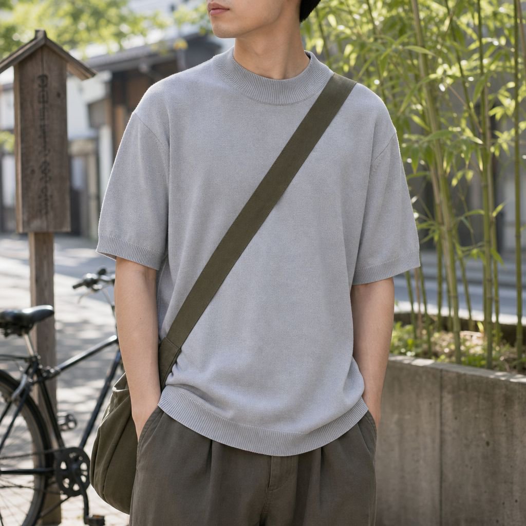 メンズ七分袖ひんやりニットTシャツ、夏用ゆったり無地カジュアルセーター