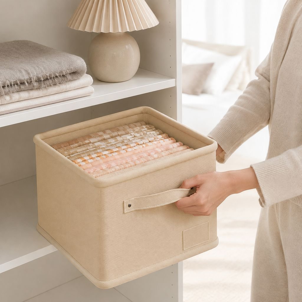 Grande boîte de rangement en coton/lin avec poignée pour vêtements