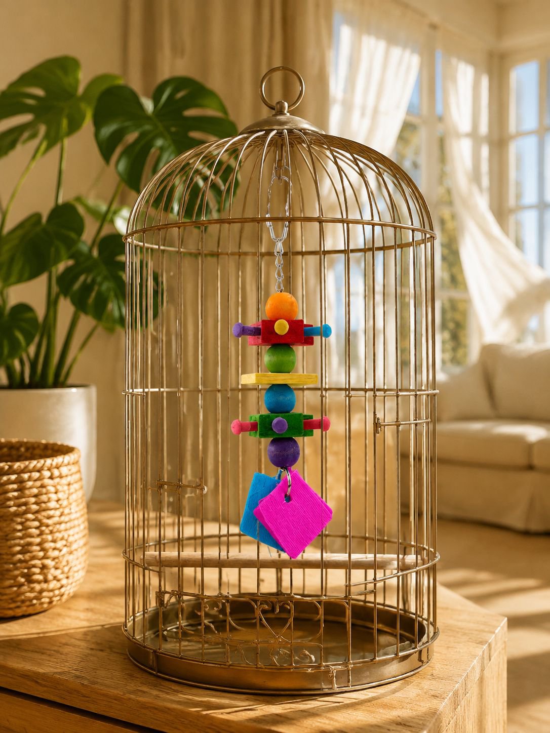 Colorful parrot chewing toy stand with decorative peony design