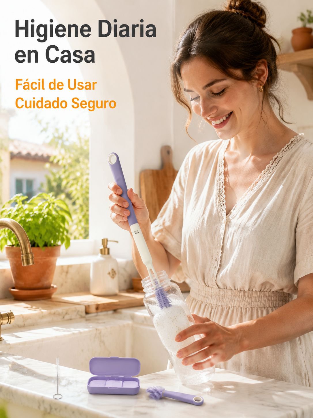 Set de cepillos para biberón y tetina de bebé, portátil, con esponja de pulpa de madera y silicona