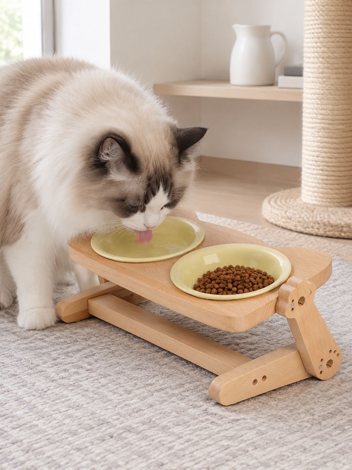 Futterstation mit Keramiknapf für Katzen im Wohnbereich