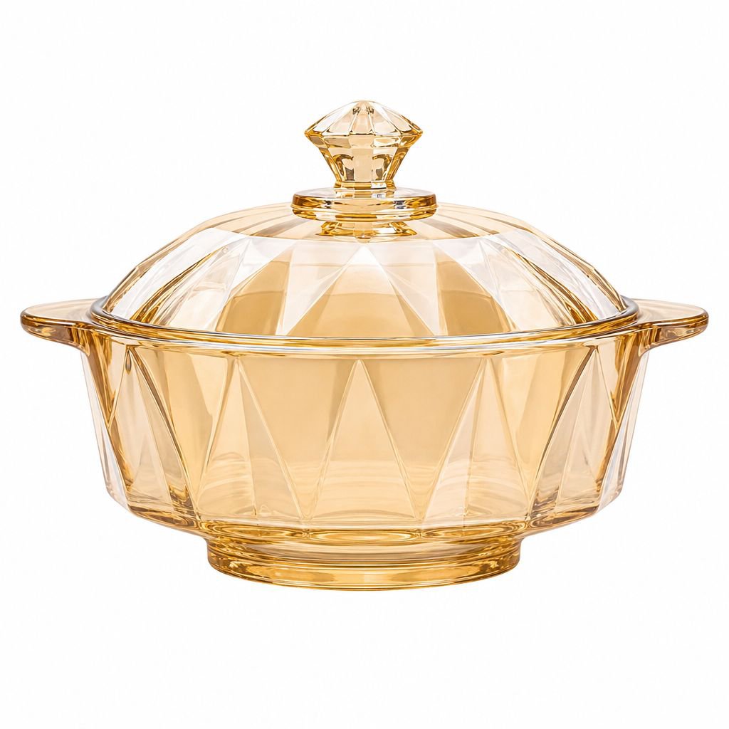 Stylish Amber Diamond Glass Double-Ear Soup Bowl with Lid for Household Noodles and Salad