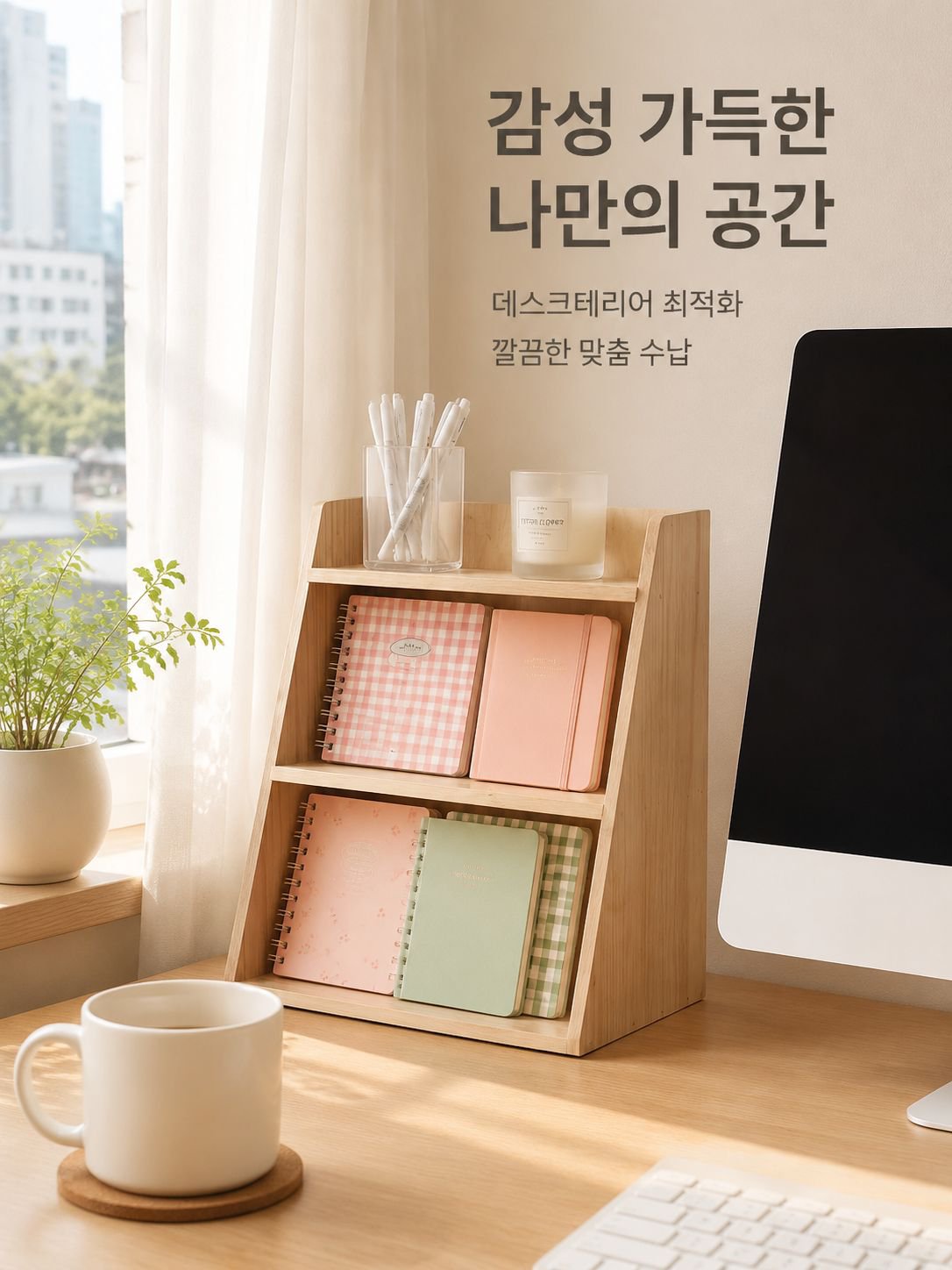 나무 데스크탑 수납 선반