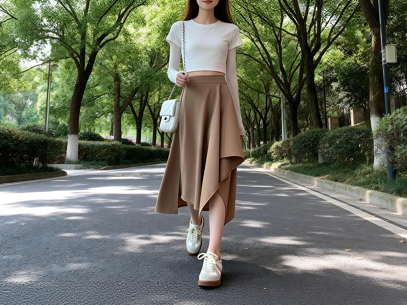 독특한 디자인의 비대칭 미디 스커트