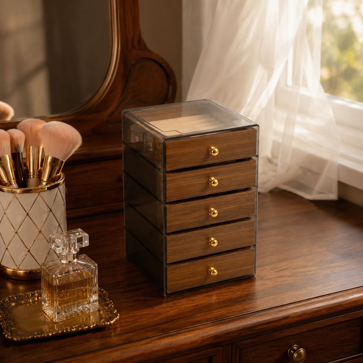 Multifunctional Walnut Jewelry Box for Various Accessories, Elegant and Practical