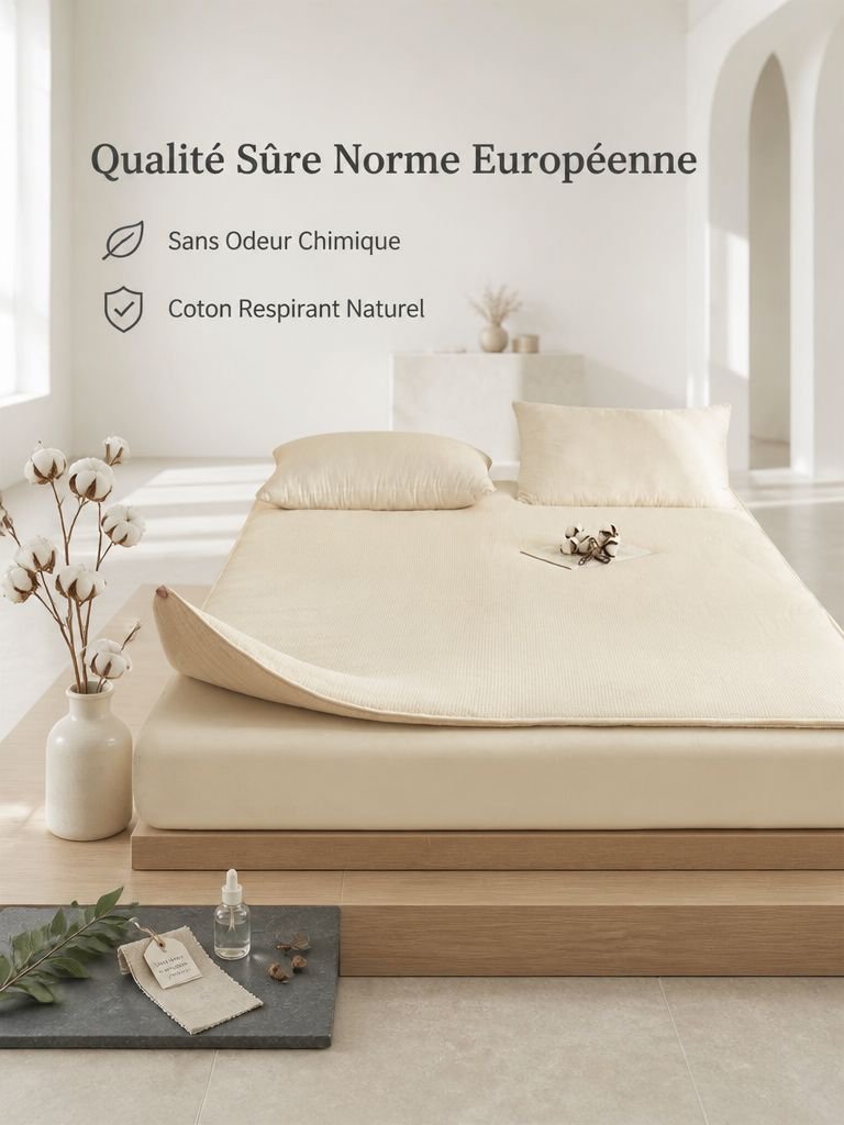 Surmatelas futon d'appoint respirant installé dans une chambre universitaire