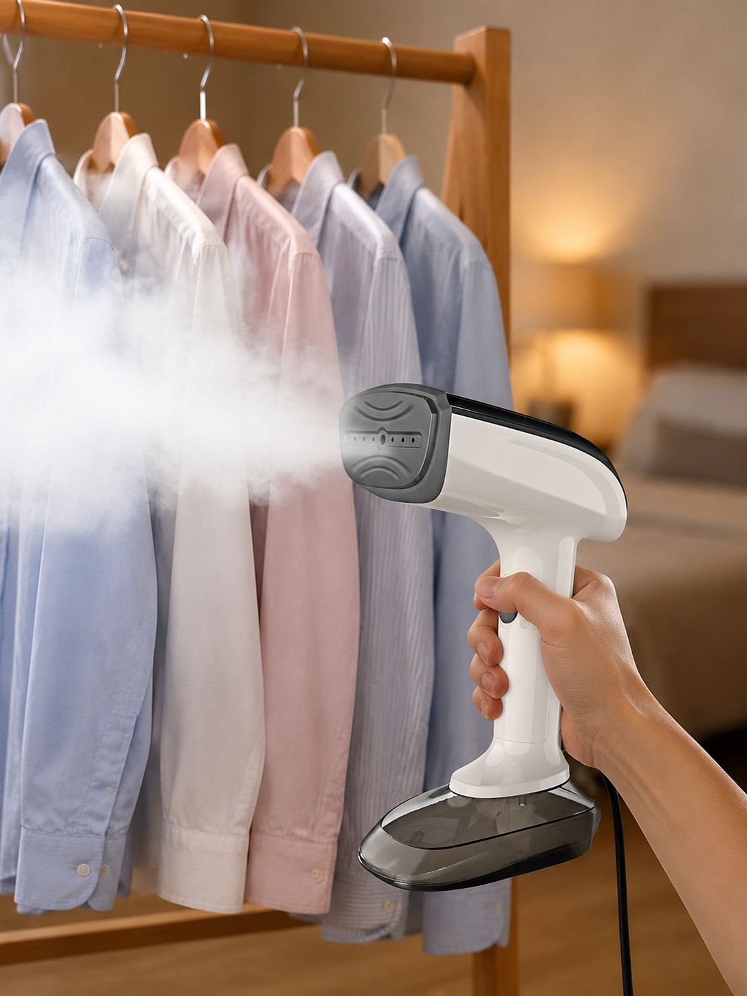 Steam iron clothing steamer in action on delicate fabrics