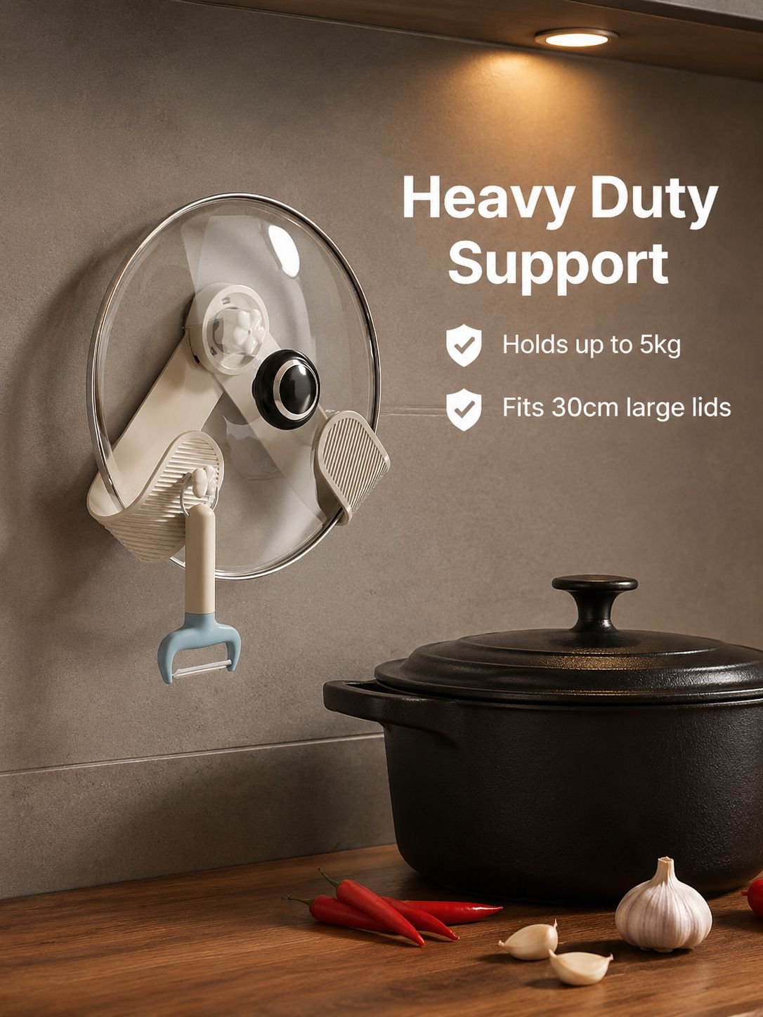 Non perforated suction cup wall mounted pot lid rack