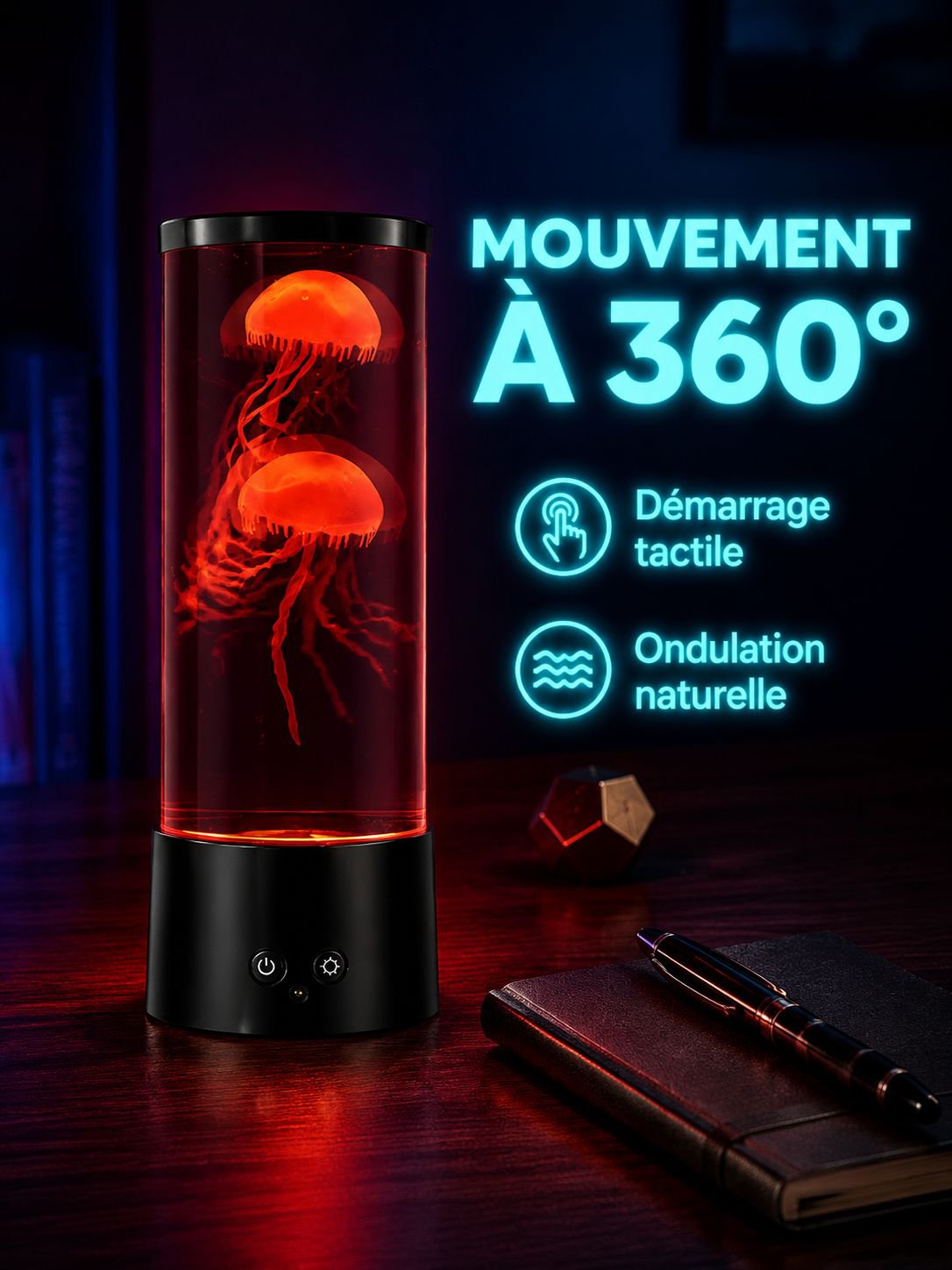 Lampe LED avec bulles de poisson éclairée en milieu sombre