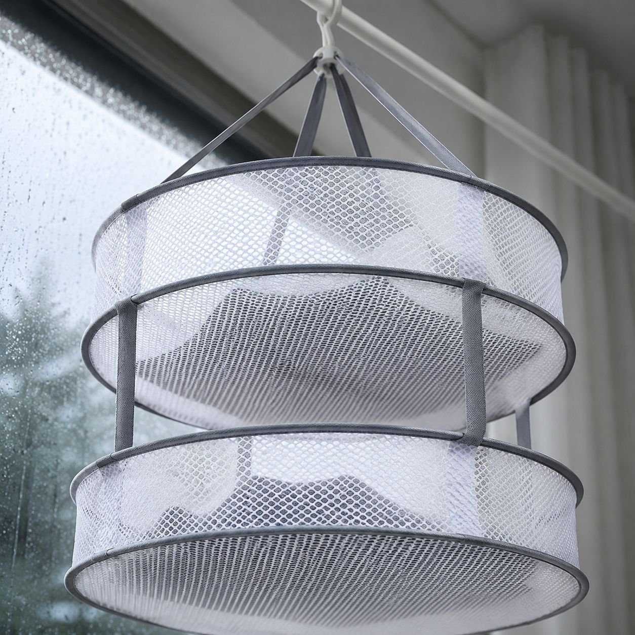 Lazy Double-Layer Foldable Drying Rack, Anti-Wind Sweater Drying Net Basket