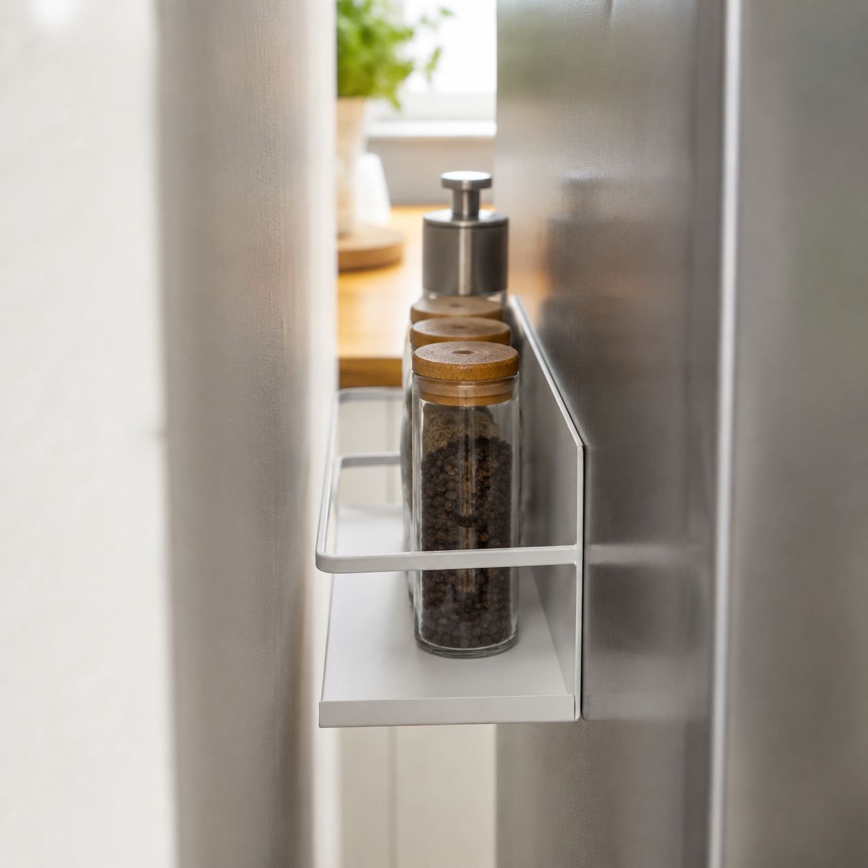 Magnetic fridge side rack attached to refrigerator