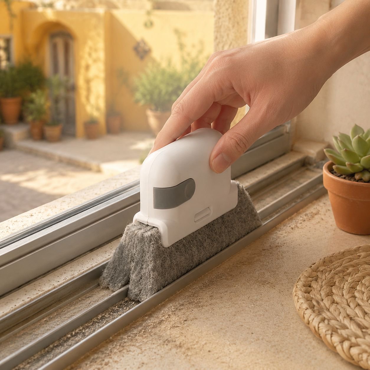 Cepillo de limpieza multifuncional para rieles de ventanas en uso