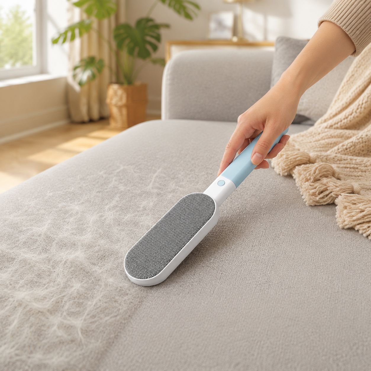 Hand using sofa cleaning brush on cushions