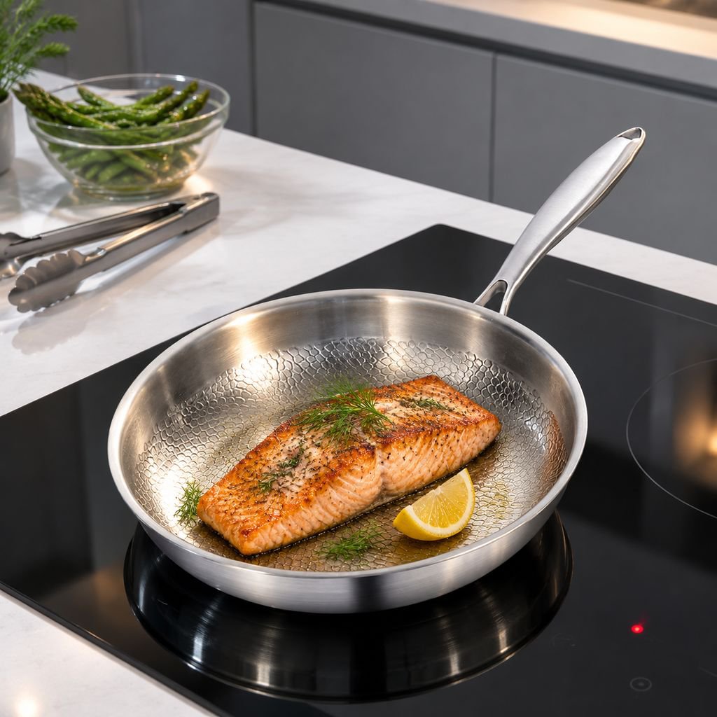 Uncoated non-stick pan with ergonomic handle