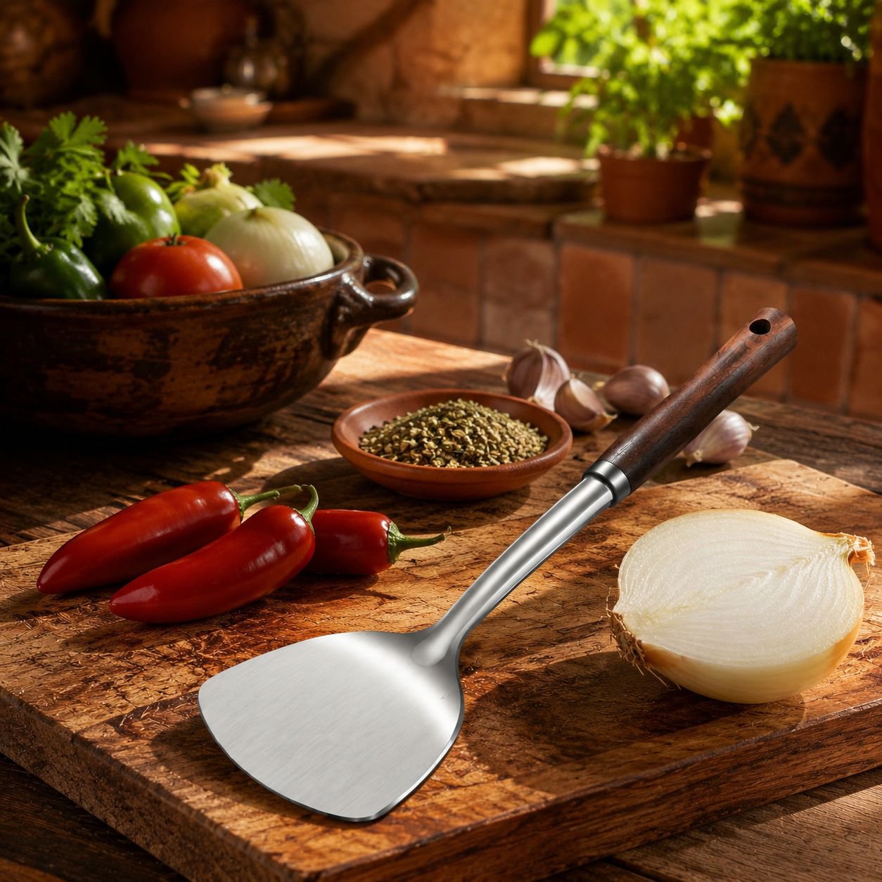 Espátula de acero inoxidable engrosada para cocinar.